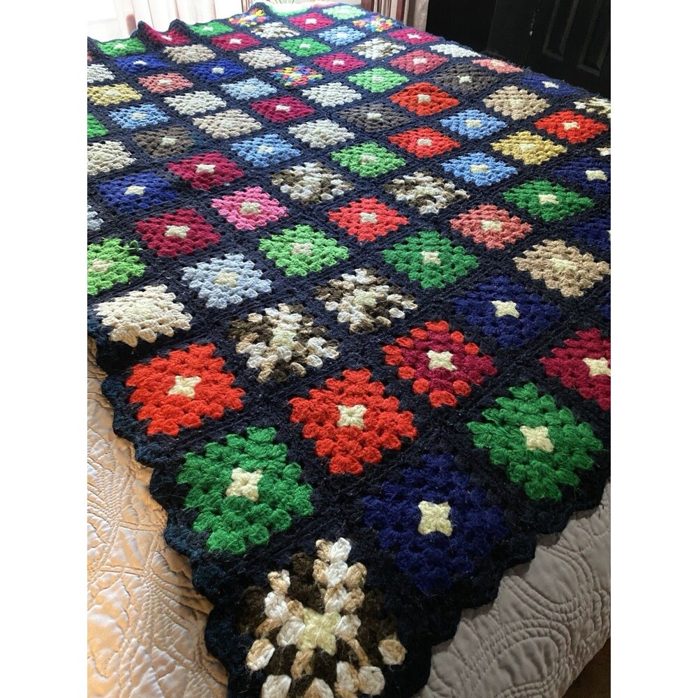 Granny Square Colorful Crochet Afghan Blanket Throw 42x55 Cottagecore Decor